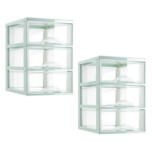 Ladeblokje/bureau organizer - 2x stuks - 3 lades - transparant/mintgroen - L18 x B25 x H25 cm - plas
