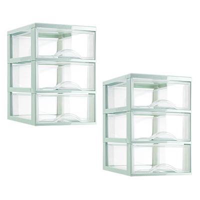 Ladeblokje/bureau organizer - 2x stuks - 3 lades - transparant/mintgroen - L18 x B25 x H25 cm - plas