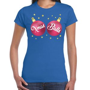 Fout kerst t-shirt blauw met roze Xmas balls voor dames