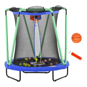 ZONEKIZ Kindertrampoline met Basketbalring, Basketbal, 20 Ballen, tot 50 kg, Ã˜140 x 155H cm, Blauw/Groen