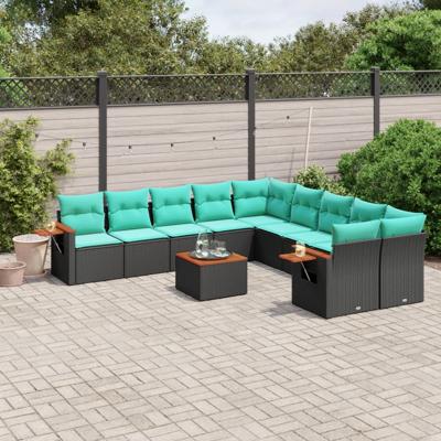 11-delige Loungeset met kussens poly rattan zwart