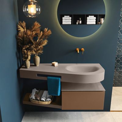 MONDIAZ RIVA 120cm badmeubel onderkast / planchet kleur Rust met 1 lade. Wastafel DULCET rechts 0 kraangaten kleur Smoke.