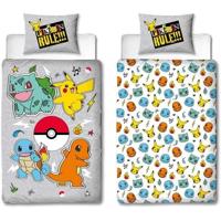 Omkeerbaar beddengoedset - POKEMON - Pikachu en Starter - Grijs - Microvezel - 1 dekbedovertrek 140 x 200 cm + 1 kussensloop 63 x 63 cm