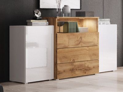 Dressoir URBY 2 deuren 3 lades wotan eik/hoogglans wit met led