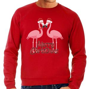 Foute Kersttrui/sweater voor heren - Merry Christmas - rood - flamingo's