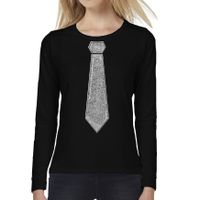Verkleed shirt voor dames - stropdas zilver - zwart - carnaval - foute party - longsleeve