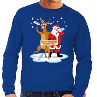 Foute kersttrui - sweater - dronken kerstman - en rendier Rudolf - na kerstborrel - blauw - heren Foute kersttrui - sweater - dronken kerstman - en rendier Rudolf - na kerstborrel - blauw - heren