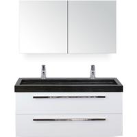 Seville Badmeubelset 120 cm - 2 Laden Wit Hoogglans - Wastafel Lucca Enkel met Spiegelkast
