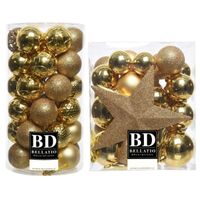 70x stuks kunststof kerstballen met ster piek goud mix 5, 6 en 8 cm - thumbnail