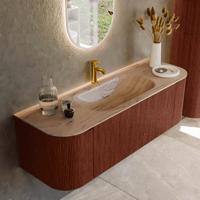 Badmeubel Mondiaz Kurve-Dlux | 140 cm | Meubelkleur Ruby | Wastafelkleur Arena | Solid surface | Wasbak midden spoelbak | 1 kraangat