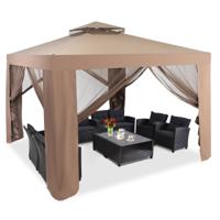 Luifel Tuinpaviljoen 3 x 3m Dubbele Tiered Dak Zacht Boven Buiten Onderdak Tuin Tent met Stalen Frame Muskietengaas Bruin/Beige