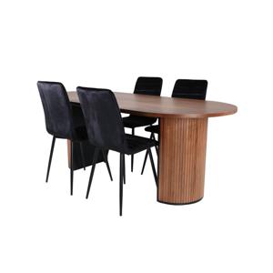 BiancaWA eethoek eetkamertafel Okkernoot decor en 4 Windu Lyx eetkamerstal velours zwart.