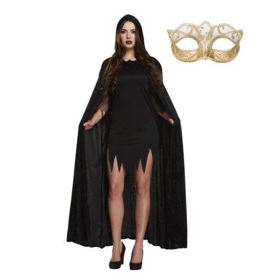 Carnaval gemaskerd bal verkleed set - Oogmasker goud - Lange cape met capuchon zwart - volwassenen