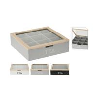 Basic Houten theedoos 9 vakjes 24x24 cm assorti