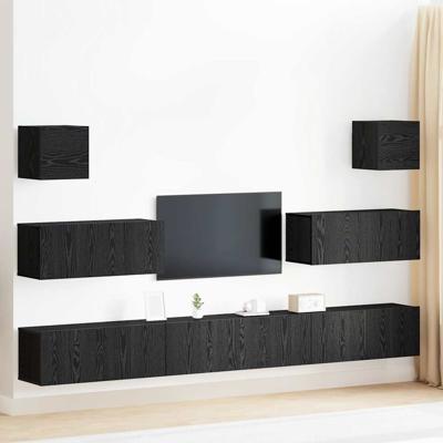 7-delige TV-kast set - Wandmontage, Zwart Eiken, Kunststof