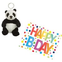 Pluche knuffel panda beer sleutelhanger 10 cm met A5-size Happy Birthday wenskaart - thumbnail