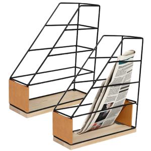 Lectuurbak/documenten opbergbak - 2x - zwart/beige - metaal/hout - L9 x B25 x H29 cm