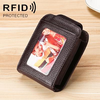KB189 verticale koeienhuid lederen orgel vorm meerdere kaartsleuven anti-magnetische RFID portemonnee voor dames met transparant venster (koffie)