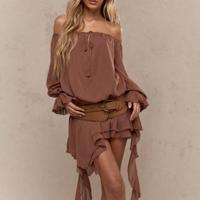 Bon&Bon Boho Off-the-Shoulder Asymmetric Ruffle Mini Dress in Apricot Coffee / XS