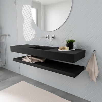 Mondiaz Alan badmeubel 150 cm solid suface planchet urban vrijhangend wastafel midden zonder kraangat zwart