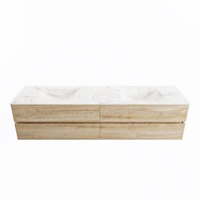 MONDIAZ VICA-DLUX 200cm badmeubel onderkast Washed Oak 4 lades. Inbouw wastafel CLOUD dubbel zonder kraangat, kleur Ostra.