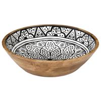 Salade serveer schaal - Fruitschaal/fruitmand - mango hout - D28 x H7 cm - bruin/print
