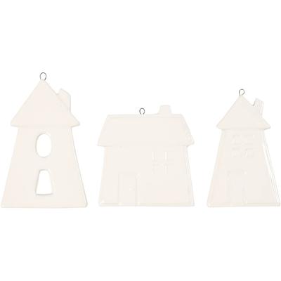 Creativ Company Hangende ornamenten, huizen, h: 7,6-9,7 cm, wit, 18 stuk/ 1 doos