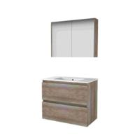 Basic-Line Comfort 46 Badkamermeubelset - 80 x 46 cm - Greeploos - 2 Lades - Keramische Wastafel - 1 Kraangat - Spiegelkast - Scotch Oak