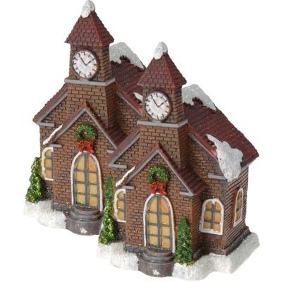 Verlicht kerstkerkje - 2x - rood dak - polystone - 13 cm - kleur veranderende lichtjes - kerstdorp