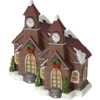 Verlicht kerstkerkje - 2x - rood dak - polystone - 13 cm - kleur veranderende lichtjes - kerstdorp
