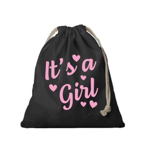 1x Canvas cadeautasje/ kraamcadeau tasje It's a girl zwart met koord 25 x 30 cm