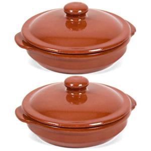 Mini ovenschaal/stoofpot - 6x - Oviedo - aardewerk - 13 cm - met deksel - bruin