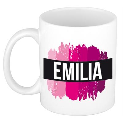 Emilia naam cadeau koffie mok - beker - met roze verfstrepen - Cadeau collega - moederdag Emilia naam cadeau koffie mok - beker - met roze verfstrepen - Cadeau collega - moederdag