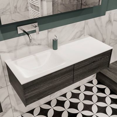 Mondiaz Lush Cloud badmeubel eiken Dark brown 120 cm 2 lades solid surface enkele spoelbak links zonder kraangat