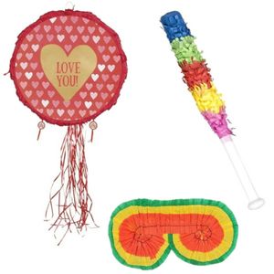 Verjaardag Pinata Rode Hartjes van 40 cm set met stok en masker