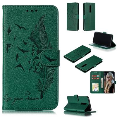 Feather patroon Litchi textuur horizontale Flip lederen draagtas met portemonnee & houder & kaartsleuven voor OnePlus 7 Pro (groen)