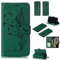 Feather patroon Litchi textuur horizontale Flip lederen draagtas met portemonnee & houder & kaartsleuven voor OnePlus 7 Pro (groen)