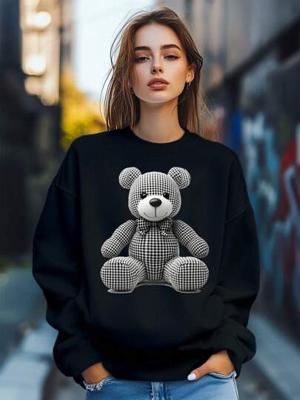 Bon&Bon Women's Teddy Bear Plaid Print Sweatshirt - Loose Crew Neck Pullover Black / L