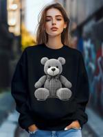 Bon&Bon Women's Teddy Bear Plaid Print Sweatshirt - Loose Crew Neck Pullover Black / L