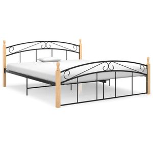 Bedframe metaal en massief eikenhout zwart 160x200 cm