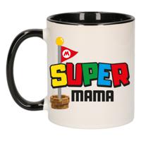 Cadeau koffie/thee mok voor mama - zwart - super mama - keramiek - 300 ml - Moederdag