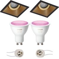 Pragmi Zano Pro - Inbouw Vierkant - Mat Zwart/Goud - Kantelbaar - 93mm - Philips Hue - LED Spot Set GU10 - White and Color Ambiance - Bluetooth