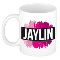 Naam cadeau mok / beker Jaylin met roze verfstrepen 300 ml - thumbnail