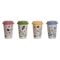 Kop met deksel DKD Home Decor Multicolour Blommor 400 ml (4 Stuks)