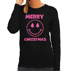 Foute kersttrui/sweater voor dames - Merry Christmas - zwart - glitter roze - Smiley