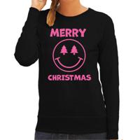 Foute kersttrui/sweater voor dames - Merry Christmas - zwart - glitter roze - Smiley - thumbnail