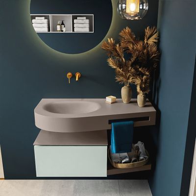 MONDIAZ RIVA 100cm badmeubel onderkast / planchet kleur Greey met 1 lade. Wastafel DULCET links 0 kraangaten kleur Smoke.