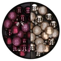 40x stuks kleine plastic kerstballen champagne en aubergine paars 3 cm