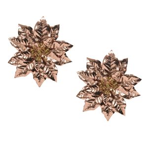 2x stuks decoratie bloemen kerstster koper glitter op clip 24 cm