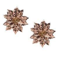 2x stuks decoratie bloemen kerstster koper glitter op clip 24 cm